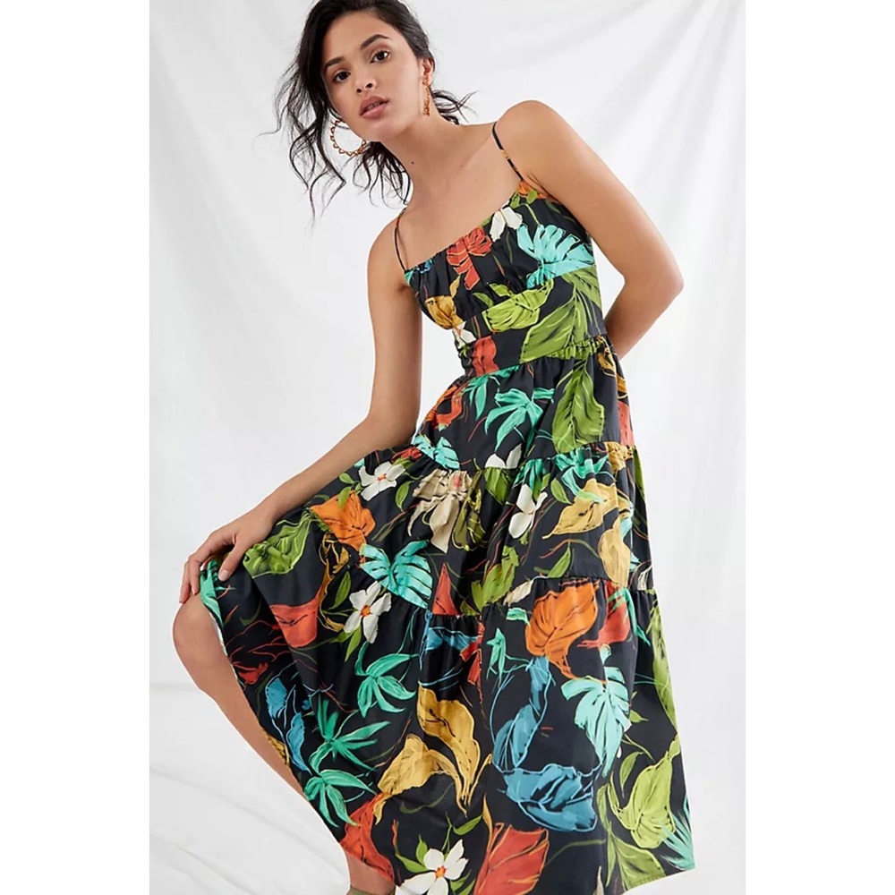 RARE NWT ANTHROPOLOGIE DELFI BOTANICAL PALMS TIERED MIDI DRESS - Picture 8 of 9